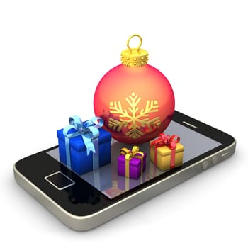 Smartphone with gifts and bauble on the white background.