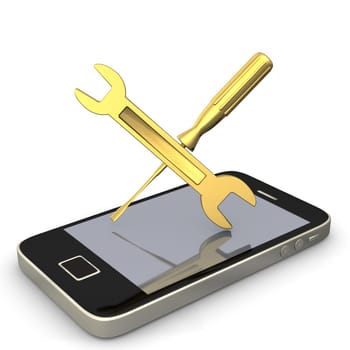 Smartphone with wrench and screwdriver. White background.