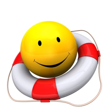 Yellow smiley with lifebelt on the white background.