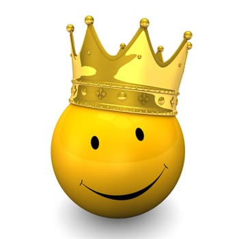 Yellow smiley with golden crown, on the white background.