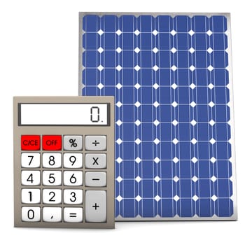 Calculator with solar panel on the white background.