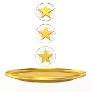 Symbol for three-star chef, golden stars and plate on the white background.