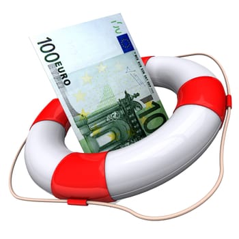 Lifebelt with 100 Euro banknote, on the white background.