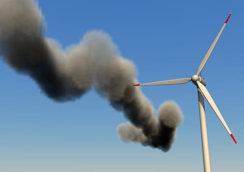 Wind turbine for a blue sky with black cloud as arrow. 3d illustration.
