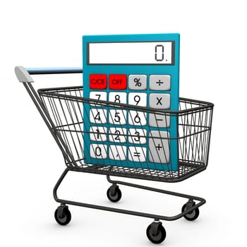 Calculator with shopping cart on the white background.