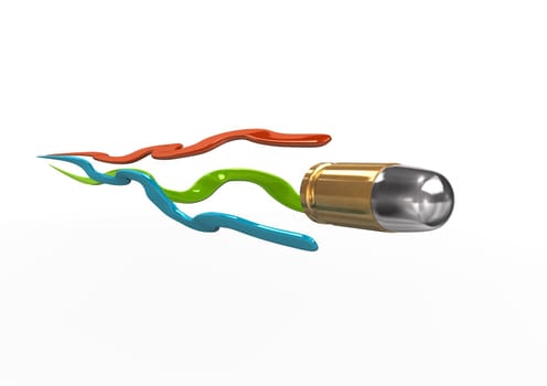Bullet with gren, red and blue tail. White background.