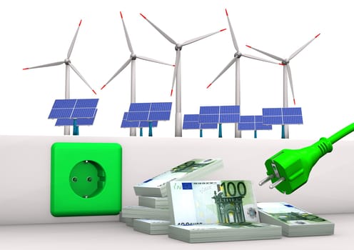Green socket with green plug, euro banknotes, solar panels and wind towers. White background.