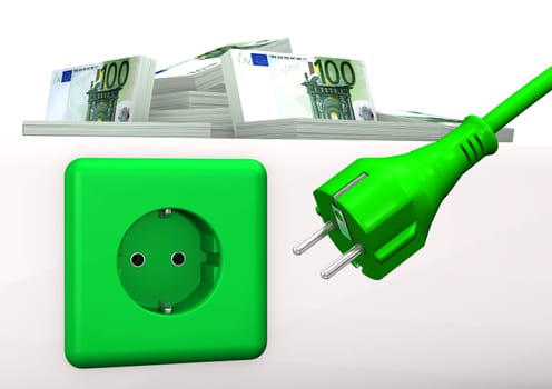 Green socket with green plug and euro banknotes. White background.