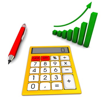Yellow calculator with red pen and green chart on the white background.