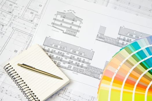 Blueprint of architectural drawing, notepad and color picker