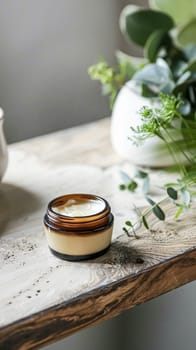 Cosmetic cream in a glass jar. Skin care concept. Background for beauty products