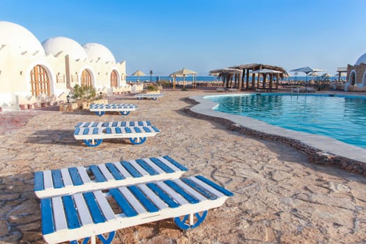 Bungalows and a swimming pool in Dahab, Egypt.