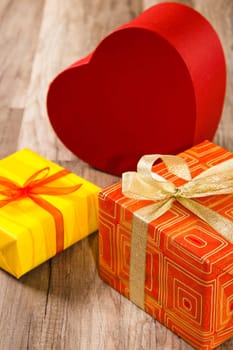 It is red yellow gift boxes, a close up