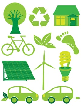 Go Green Eco Symbols with Tree Recycle Leaf Footprint Bicycle Solar Panels Windmill Electric Car and Bulb Illustration