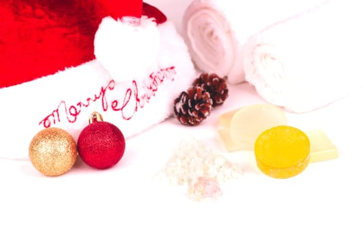 Christmas holiday spa concept with soap and salts in a hotel