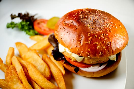 Chicken burger and steak fries with a salad