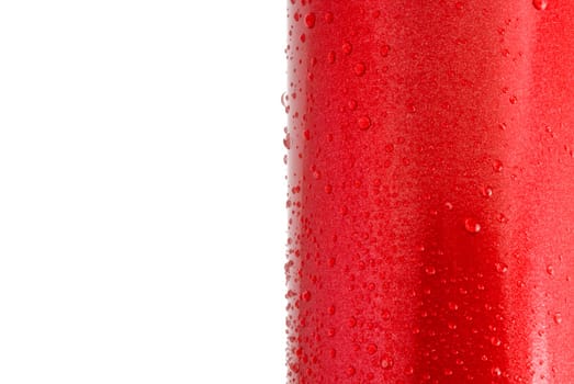 Water droplets on a red shiny metal surface, closeup