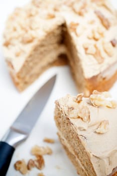 Sliced coffee cake ready for serving