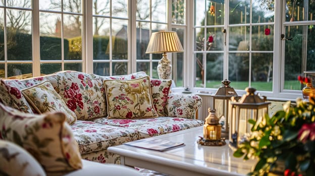 Colorful pillows on sofa against glass wall of window in a winter garden or conservatory. Interior textile concept. High quality photo
