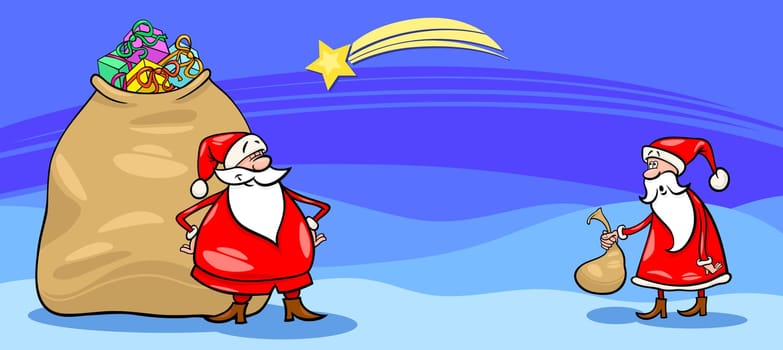 Greeting Card Cartoon Illustration of Santa Claus or Papa Noel with Sack full of Christmas Presents