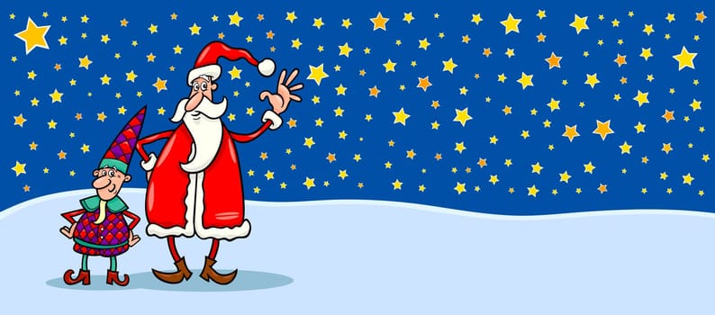 Greeting Card Cartoon Illustration of Santa Claus or Papa Noel with Christmas Elf against evening Sky full of Stars