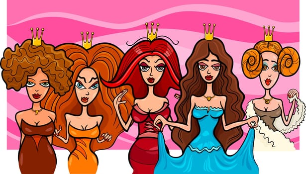 Cartoon Illustration of Five Beautiful Princesses or Queens Fairytale Fantasy Characters