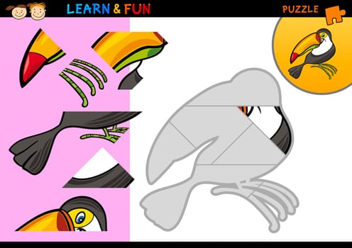 Cartoon Illustration of Education Puzzle Game for Preschool Children with Funny Toucan