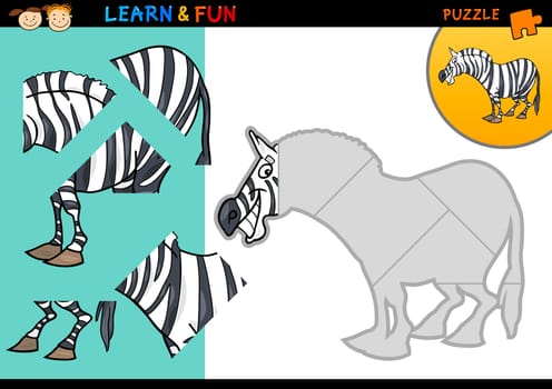 Cartoon Illustration of Education Puzzle Game for Preschool Children with Funny Zebra