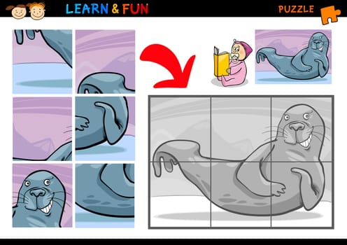 Cartoon Illustration of Education Puzzle Game for Preschool Children with Funny Seal Animal