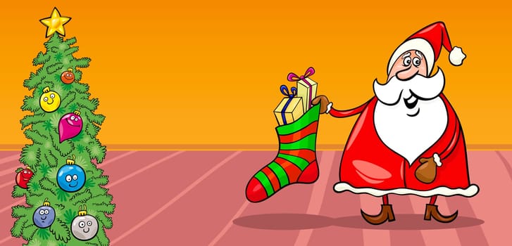 Greeting Card Cartoon Illustration of Santa Claus or Papa Noel with Sock full of Presents and Christmas Tree