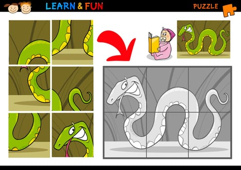 Cartoon Illustration of Education Puzzle Game for Preschool Children with Funny Snake Animal
