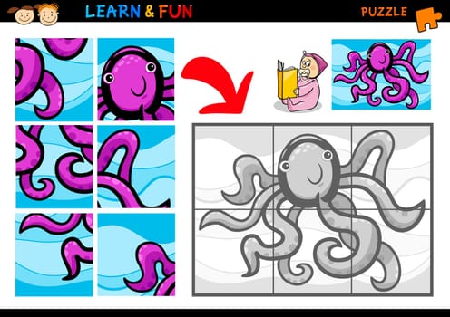 Cartoon Illustration of Education Puzzle Game for Preschool Children with Funny Octopus Animal
