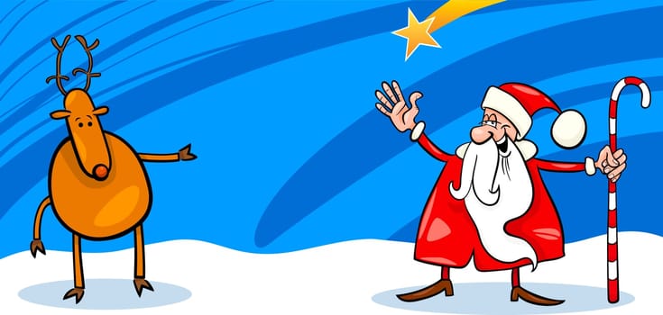 Greeting Card Cartoon Illustration of Santa Claus or Papa Noel with Reindeer and Christmas Stars