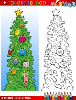 Coloring Book or Page Cartoon Illustration of Funny Christmas Tree