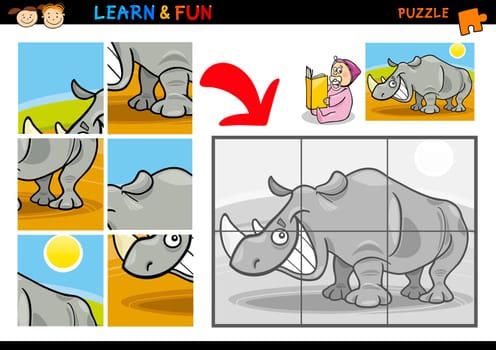 Cartoon Illustration of Education Puzzle Game for Preschool Children with Funny Rhino or Rhinoceros Animal