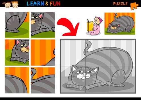 Cartoon Illustration of Education Puzzle Game for Preschool Children with Funny Cat Pet Animal