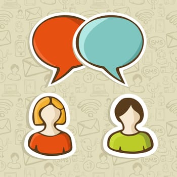 Social media networks users interaction with speech bubbles over pattern. Vector illustration layered for easy manipulation and custom coloring.