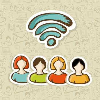 Diversity people connection via social networks RSS feed. Vector illustration layered for easy manipulation and custom coloring.