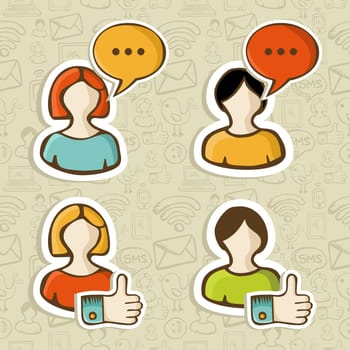 Social networks user icons set with actions button over pattern. Vector illustration layered for easy manipulation and custom coloring.