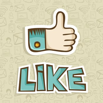 I like hand with thumb up in sketch style over pattern background. Vector illustration layered for easy manipulation and custom coloring.