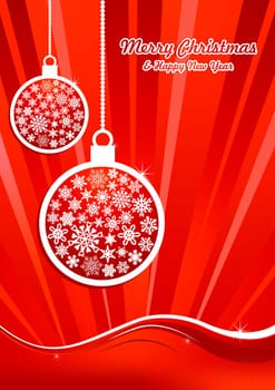 Christmas hanged snowflakes baubles over sunrise waving background. Vector illustration layered for easy manipulation and custom coloring.