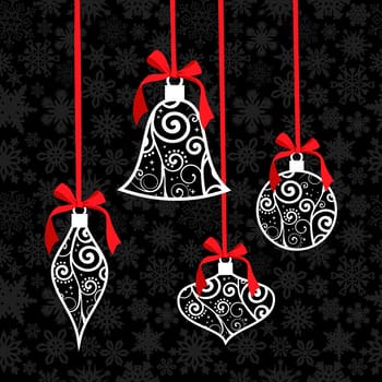 Christmas tree decoration over snowflake seamless pattern. Vector illustration layered for easy manipulation and custom coloring.