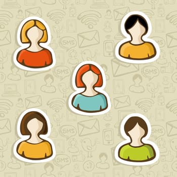 Diversity social media user profile icons in scketch style over seamless pattern. Vector illustration layered for easy manipulation and custom coloring.