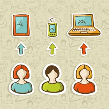 Computer, tablet and mobile devices connect social network people over sketch icons pattern.  Vector illustration layered for easy manipulation and custom coloring.