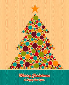Abstract Christmas dotted pine tree over wooden background. Vector illustration layered for easy manipulation and custom coloring.