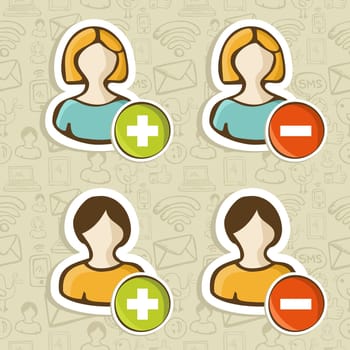 Social networks user icons set with actions button over pattern. Vector illustration layered for easy manipulation and custom coloring.