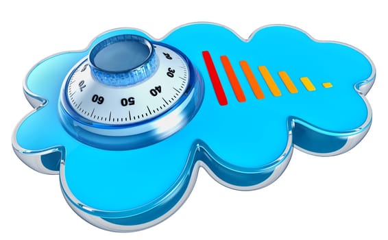 Cloud computing and storage internet security concept as is blue glossy cloud icon with combination lock on white background