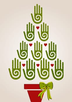Eco friendly Christmas Tree hands greeting card. Vector illustration layered for easy manipulation and custom coloring.