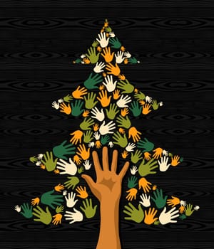 Diversity eco friendly Christmas Tree hands background for greeting card. Vector illustration layered for easy manipulation and custom coloring.