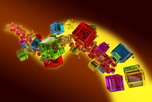 yellow, red, blue and green flying glass cubes on brown background